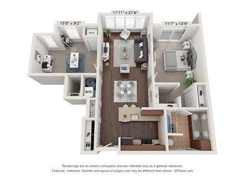 Floor plan for 1 bed, 1 bath, 842 sqft